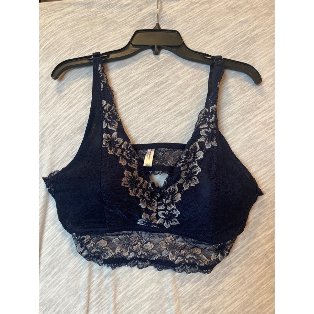 Dreamwear Love Your Curves Navy Blue Silver Floral Lace Bralette Plus Size 3X‎